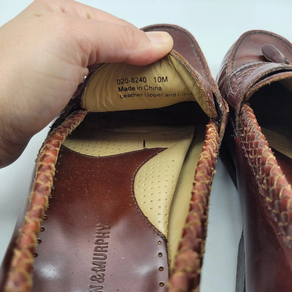 Johnston Murphy Mens 10M Brown Leather Tassel Loafers Woven Trim‎ Dress Shoes
